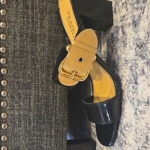 Franco Sarto Black and Tan Heeled Sandals With Buckle